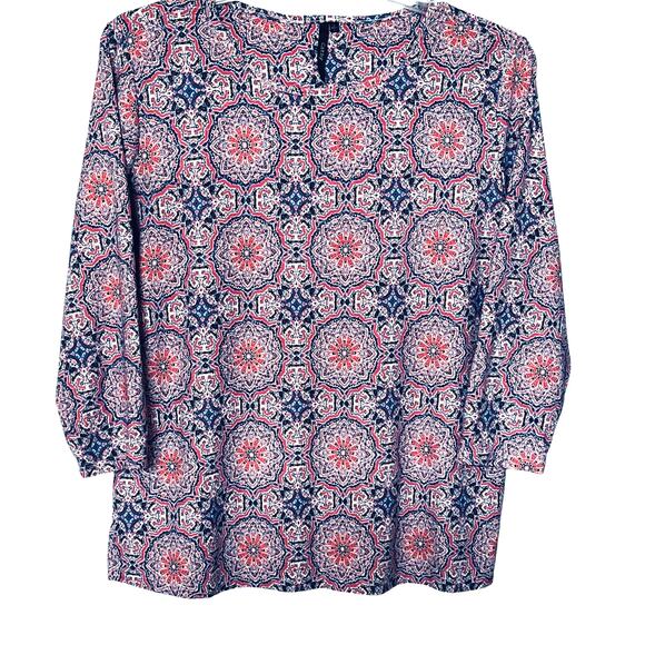 CATHY 3/4 SLEEVE ROUND NECK BLOUSE, WOMENS, L, PINK, BLUE, WHITE GEOMETRIC - Picture 1 of 12